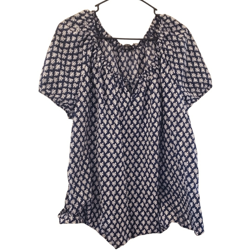 ellos Navy and White Short Sleeve Printed Peasant Top